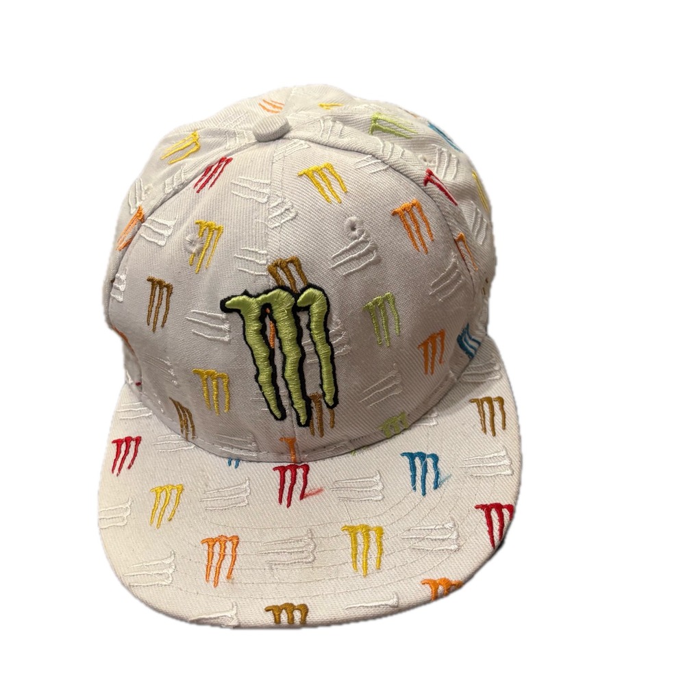 Monster Energy Fitted Hat 7 3/8 White All Over Embroidered Logo Flat Brim Cap